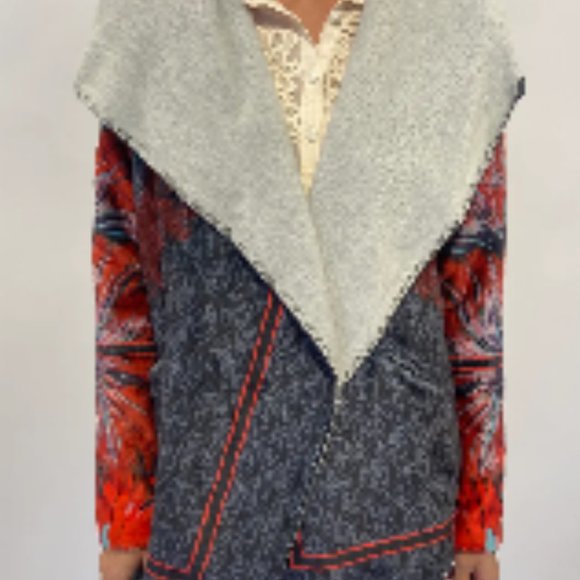 Johnny Was BIYA Rising Sun Sherpa Cozy Hooded Jacket Coat L Blue Red - Picture 12 of 12